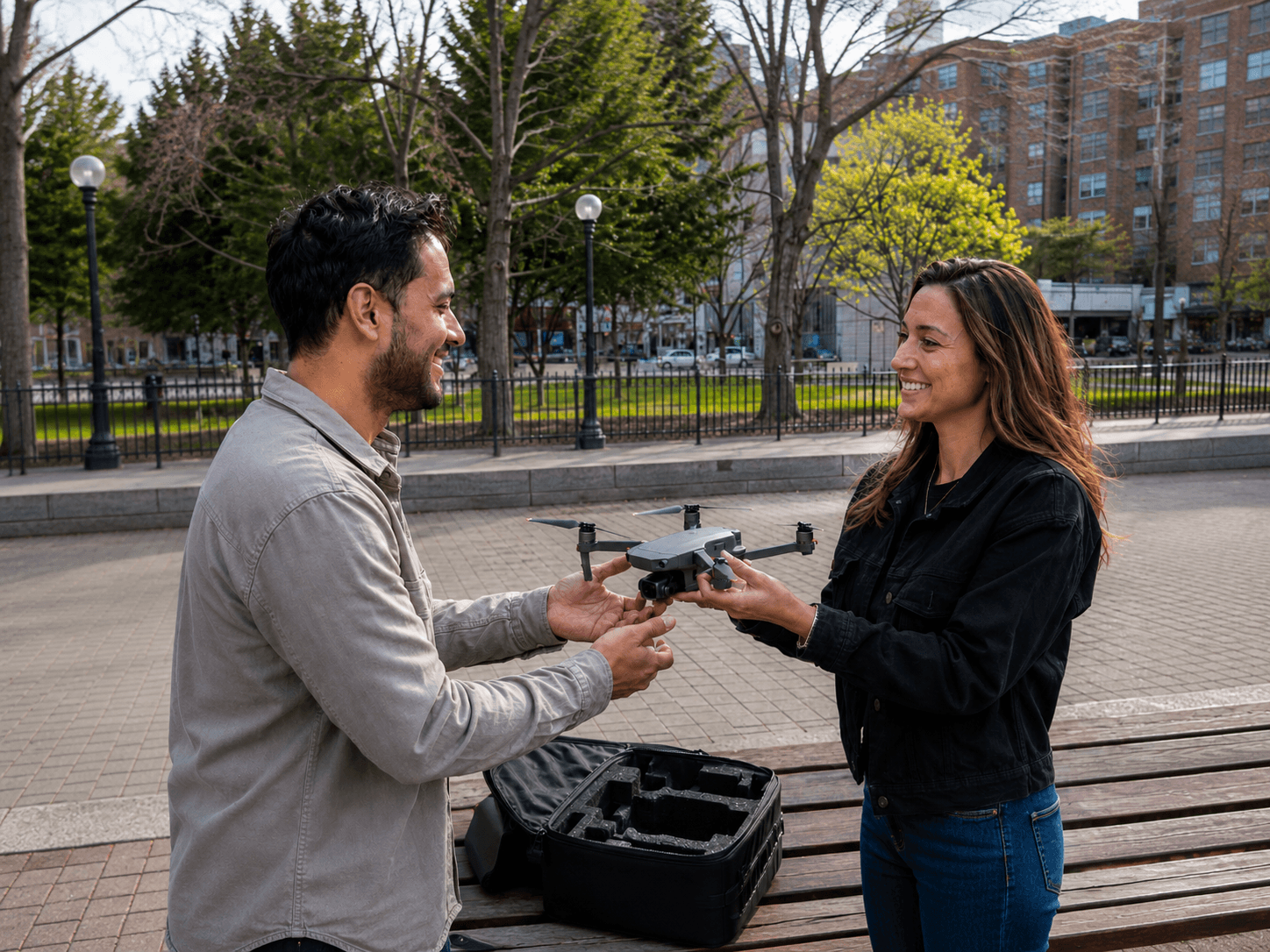 Two people exchanging a drone after a successful sale